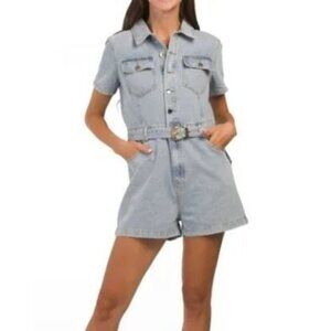 Cloud Ten Short Sleeve Denim Romper Belt Women Size Medium NWT Classic Collar